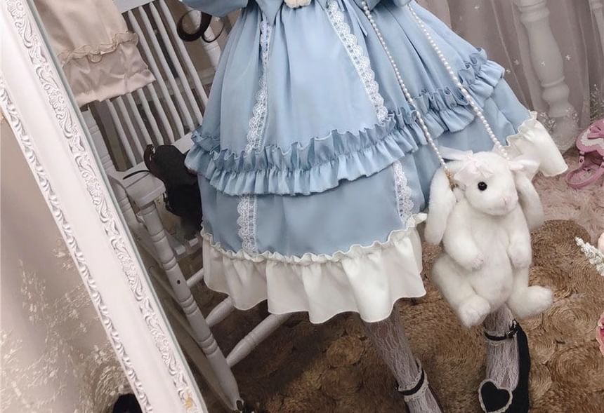 Long-Sleeve Stand Collar Two Tone Frill Trim A-Line Dress / Bow / Lace Trim Headband / Set