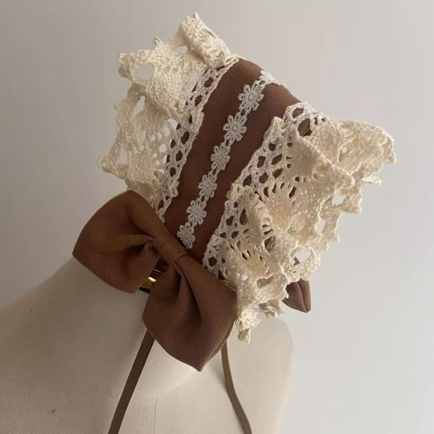 Long-Sleeve Stand Collar Two Tone Frill Trim A-Line Dress / Bow / Lace Trim Headband / Set