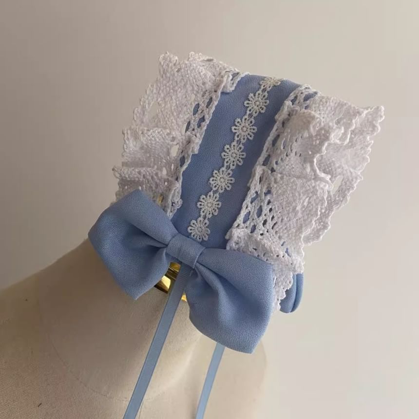 Long-Sleeve Stand Collar Two Tone Frill Trim A-Line Dress / Bow / Lace Trim Headband / Set