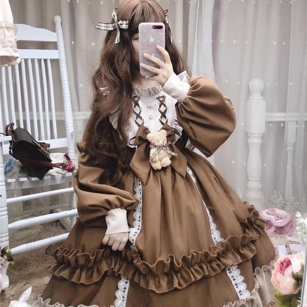 Long-Sleeve Stand Collar Two Tone Frill Trim A-Line Dress / Bow / Lace Trim Headband / Set