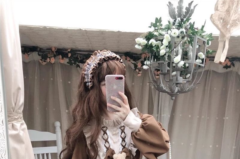 Long-Sleeve Stand Collar Two Tone Frill Trim A-Line Dress / Bow / Lace Trim Headband / Set