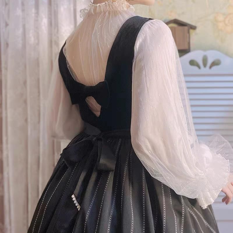 Long-Sleeve Stand Collar Glitter See-Through Mesh Crop Blouse