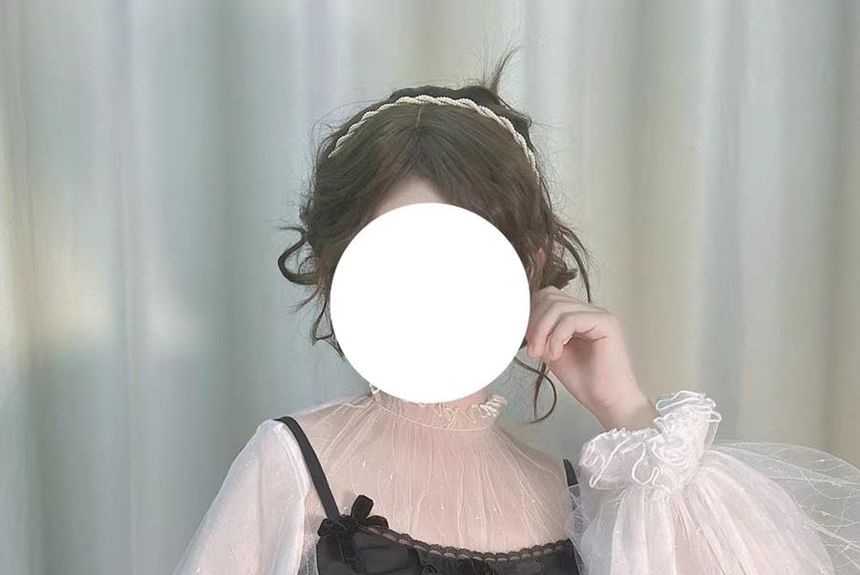 Long-Sleeve Stand Collar Glitter See-Through Mesh Crop Blouse