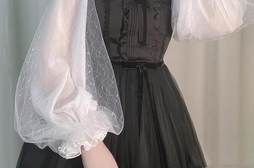 Long-Sleeve Stand Collar Glitter See-Through Mesh Crop Blouse