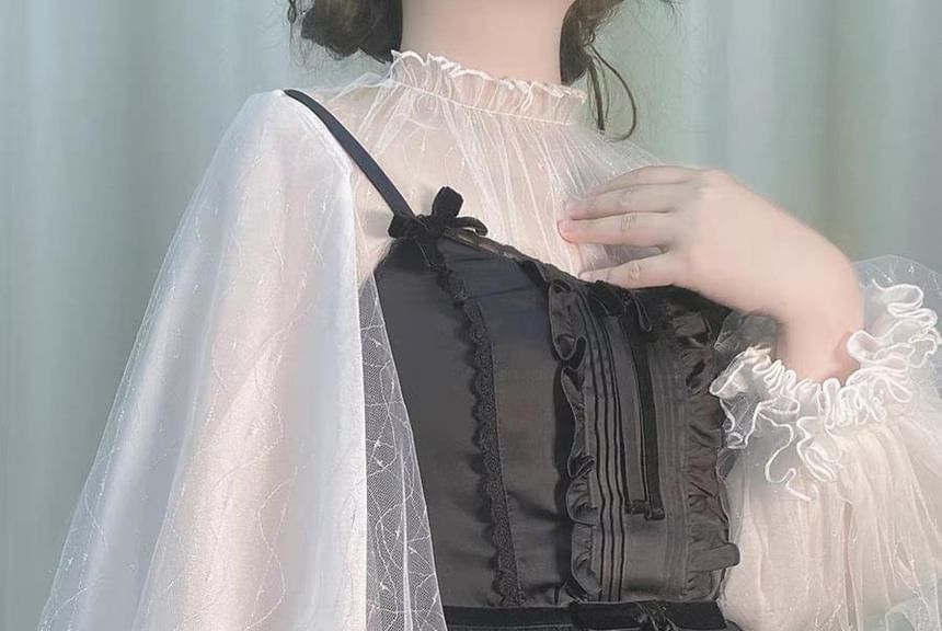 Long-Sleeve Stand Collar Glitter See-Through Mesh Crop Blouse