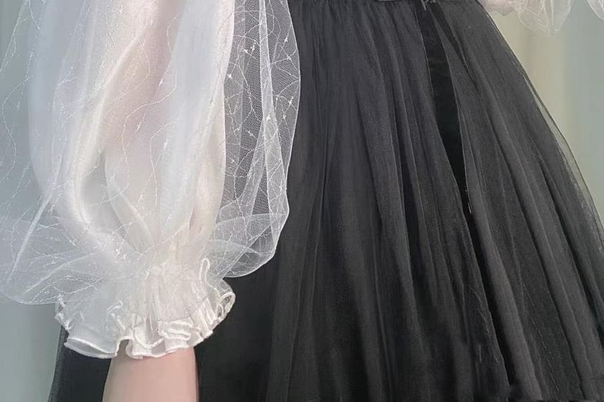 Long-Sleeve Stand Collar Glitter See-Through Mesh Crop Blouse