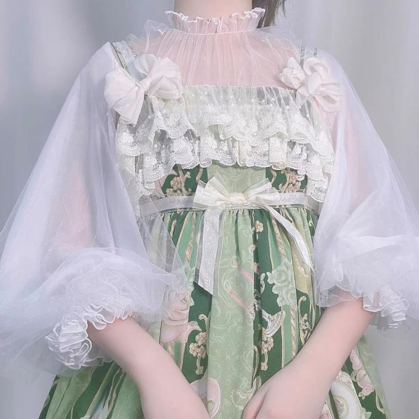 Long-Sleeve Stand Collar Glitter See-Through Mesh Crop Blouse