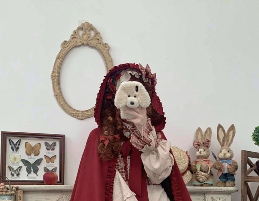 Long-Sleeve Stand Collar Plaid Panel Bow Accent Frill Trim Midi A-Line Dress / Hooded Cape / Headband / Apron / Set