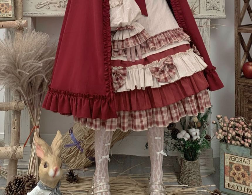 Long-Sleeve Stand Collar Plaid Panel Bow Accent Frill Trim Midi A-Line Dress / Hooded Cape / Headband / Apron / Set