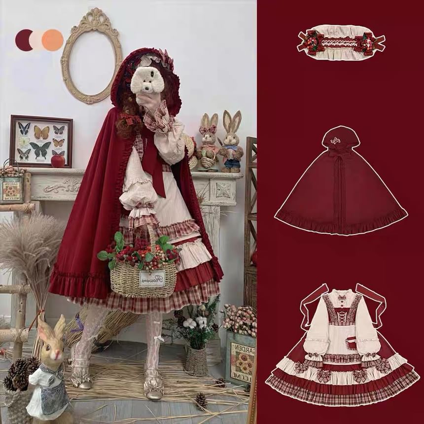 Long-Sleeve Stand Collar Plaid Panel Bow Accent Frill Trim Midi A-Line Dress / Hooded Cape / Headband / Apron / Set