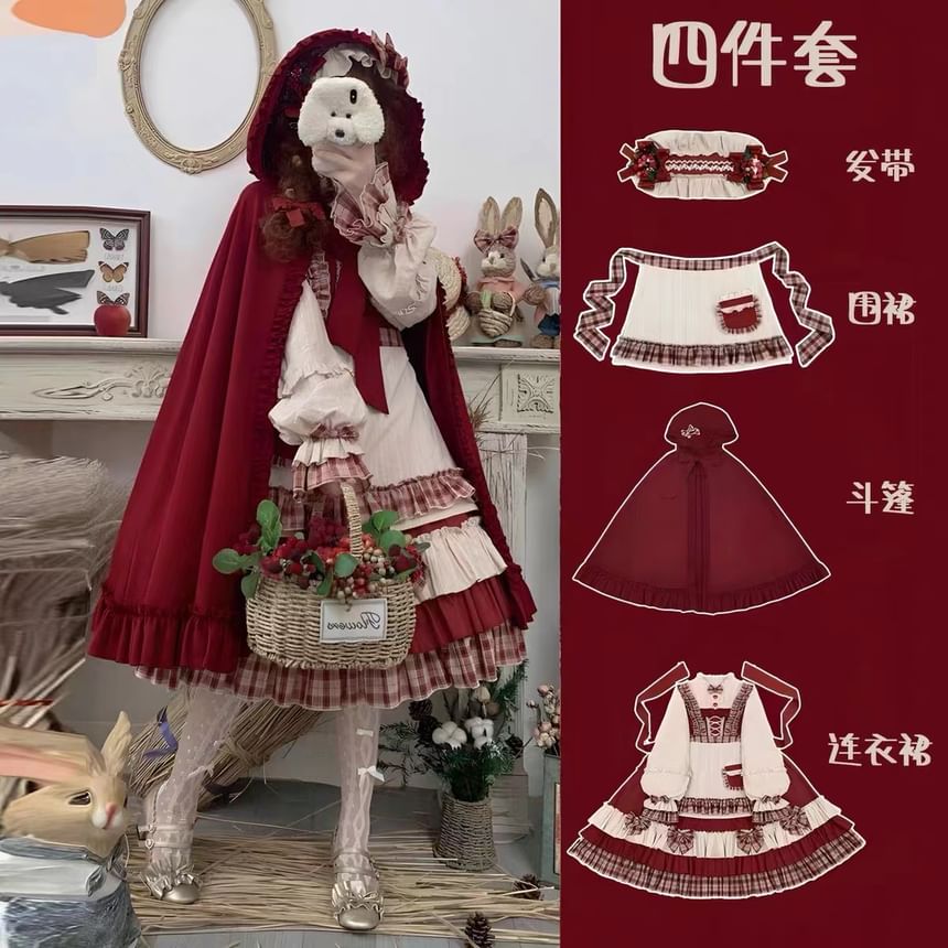 Long-Sleeve Stand Collar Plaid Panel Bow Accent Frill Trim Midi A-Line Dress / Hooded Cape / Headband / Apron / Set