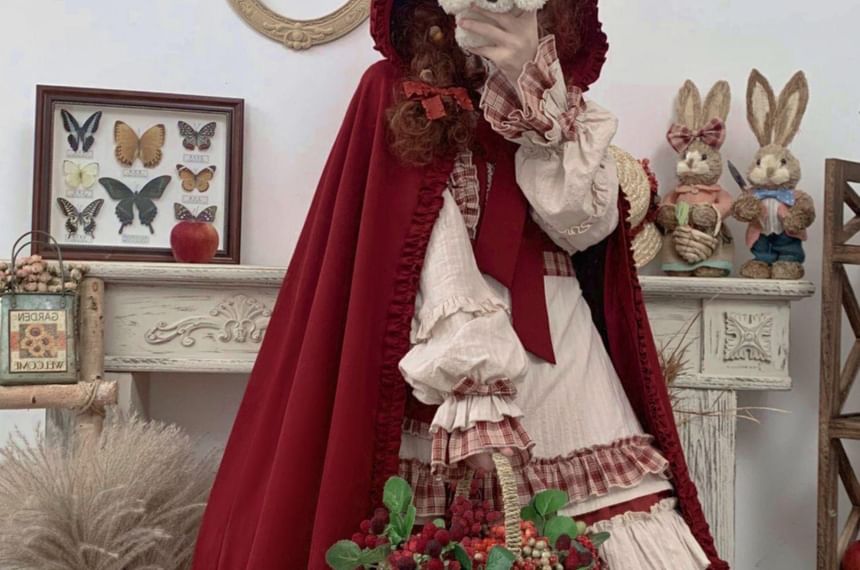 Long-Sleeve Stand Collar Plaid Panel Bow Accent Frill Trim Midi A-Line Dress / Hooded Cape / Headband / Apron / Set