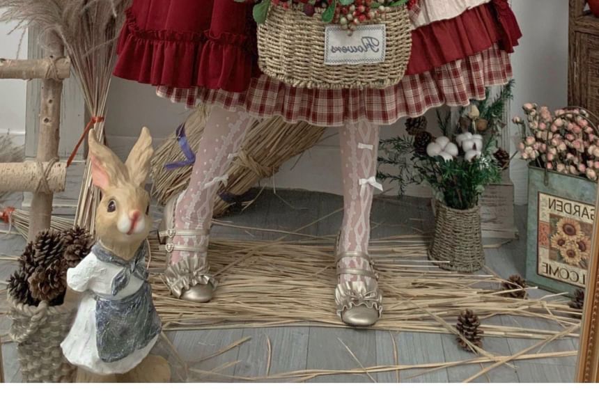 Long-Sleeve Stand Collar Plaid Panel Bow Accent Frill Trim Midi A-Line Dress / Hooded Cape / Headband / Apron / Set