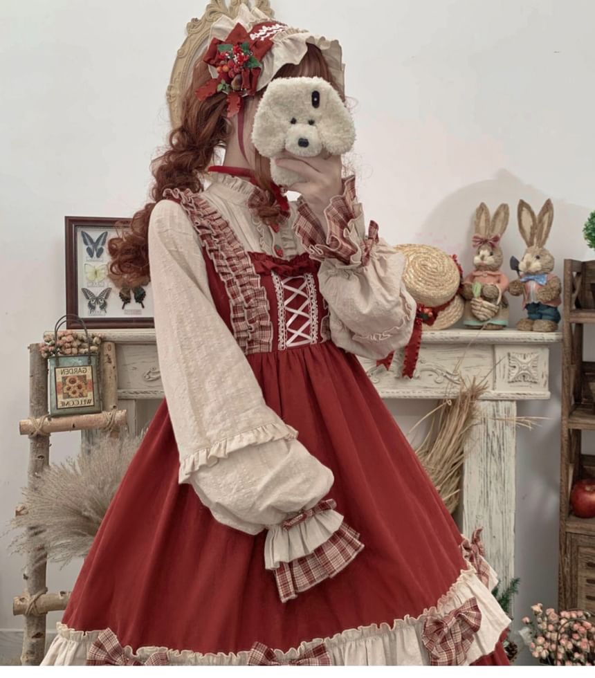 Long-Sleeve Stand Collar Plaid Panel Bow Accent Frill Trim Midi A-Line Dress / Hooded Cape / Headband / Apron / Set