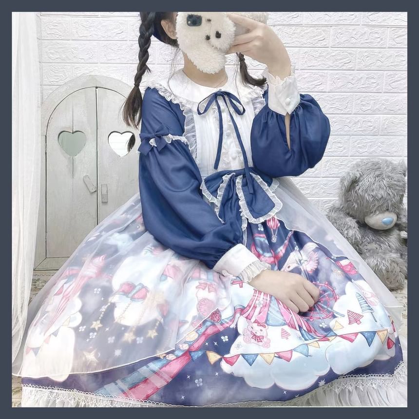 Long-Sleeve Peter Pan Collar Cartoon Print Bow Accent Frill Trim Pintuck A-Line Dress / Headband / Set