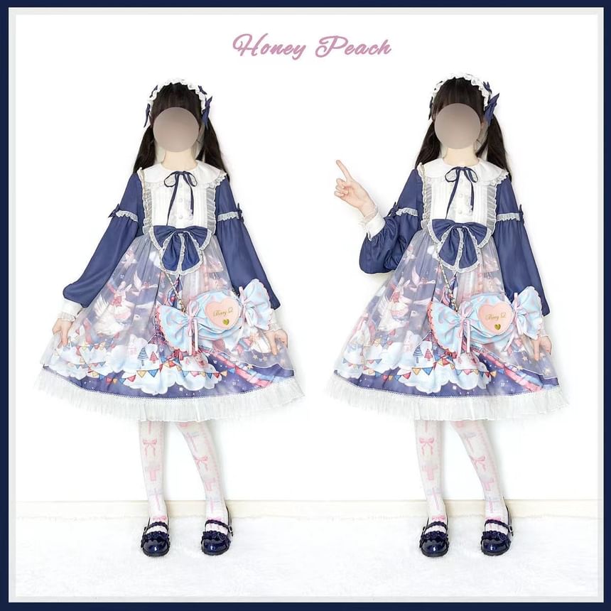 Long-Sleeve Peter Pan Collar Cartoon Print Bow Accent Frill Trim Pintuck A-Line Dress / Headband / Set