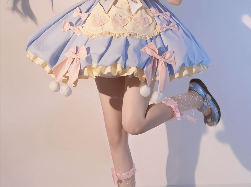 Short-Sleeve Peter Pan Collar Two Tone Layered Mini A-Line Dress / Long-Sleeve Dress / Rabbit Apron / Bow / Set