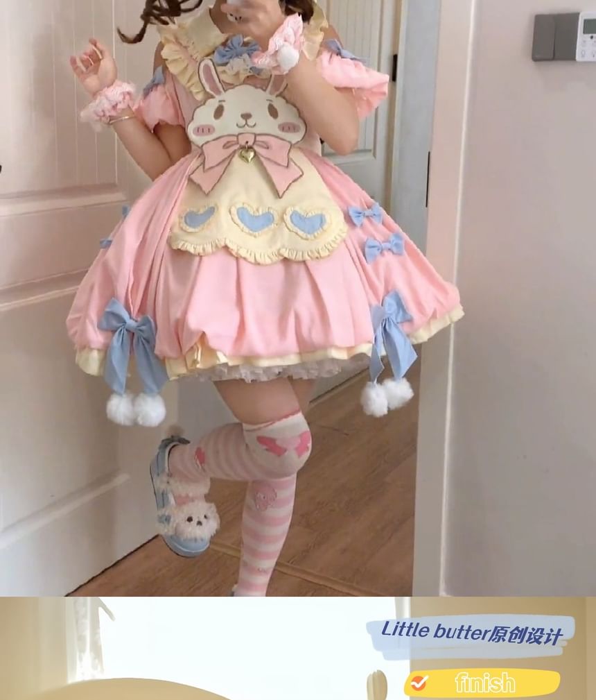 Short-Sleeve Peter Pan Collar Two Tone Layered Mini A-Line Dress / Long-Sleeve Dress / Rabbit Apron / Bow / Set