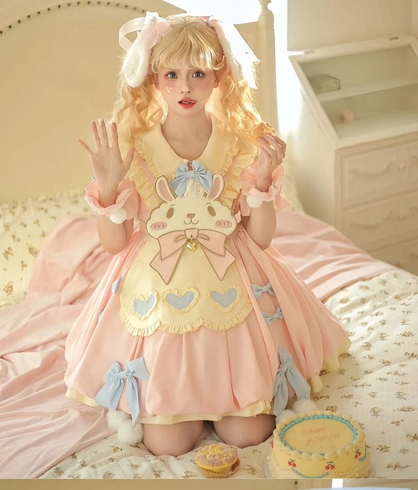 Short-Sleeve Peter Pan Collar Two Tone Layered Mini A-Line Dress / Long-Sleeve Dress / Rabbit Apron / Bow / Set