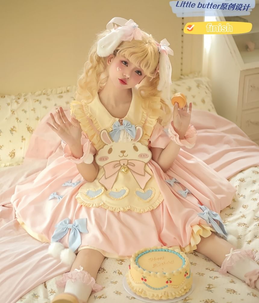 Short-Sleeve Peter Pan Collar Two Tone Layered Mini A-Line Dress / Long-Sleeve Dress / Rabbit Apron / Bow / Set