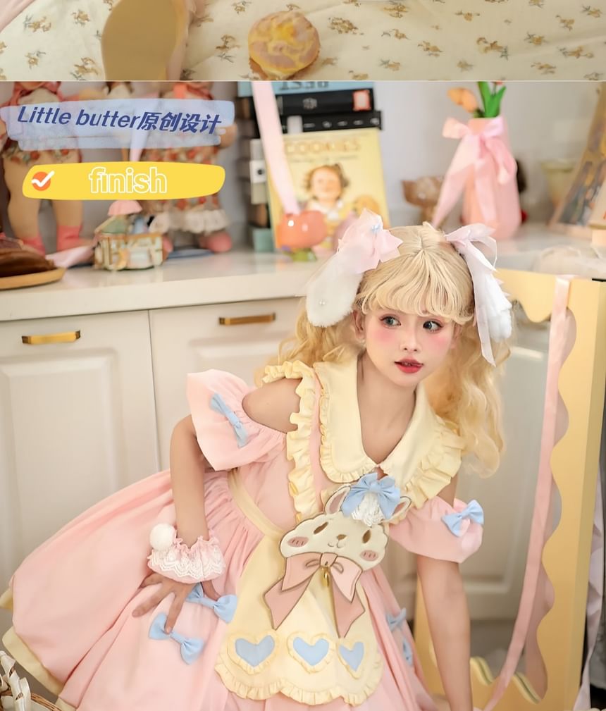 Short-Sleeve Peter Pan Collar Two Tone Layered Mini A-Line Dress / Long-Sleeve Dress / Rabbit Apron / Bow / Set