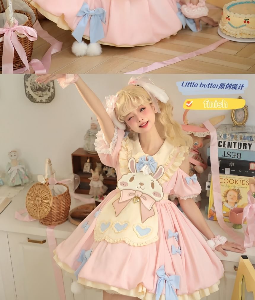 Short-Sleeve Peter Pan Collar Two Tone Layered Mini A-Line Dress / Long-Sleeve Dress / Rabbit Apron / Bow / Set