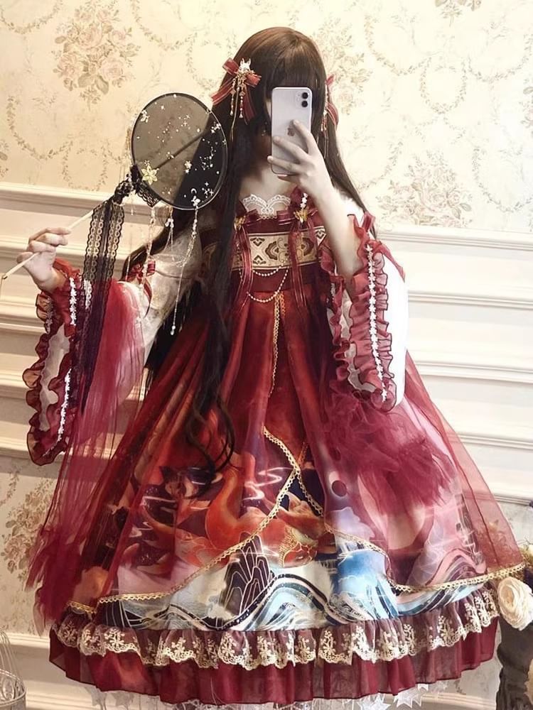 Long-Sleeve Square Neck Dragon Print Mesh Panel Bow Accent Frill Trim Midi A-Line Dress / Shawl / Set