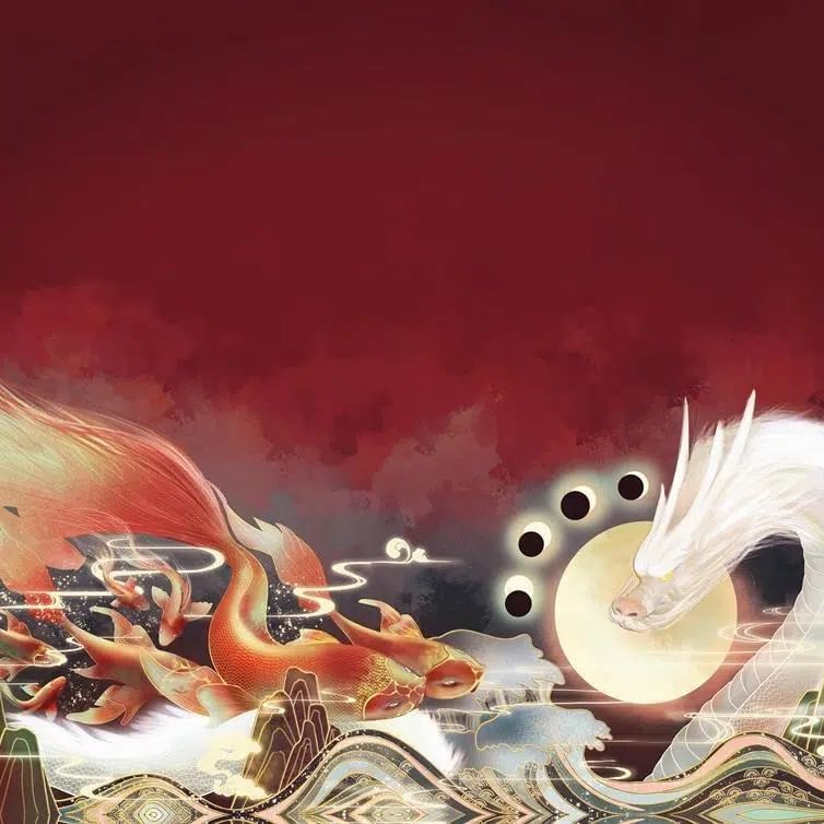 Long-Sleeve Square Neck Dragon Print Mesh Panel Bow Accent Frill Trim Midi A-Line Dress / Shawl / Set