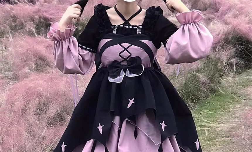 Sleeveless Two Tone Star Print Ruffle Trim Layered High Low A-Line Dress / Long-Sleeve Halter Neck Blouse / Bow / Headband / Set