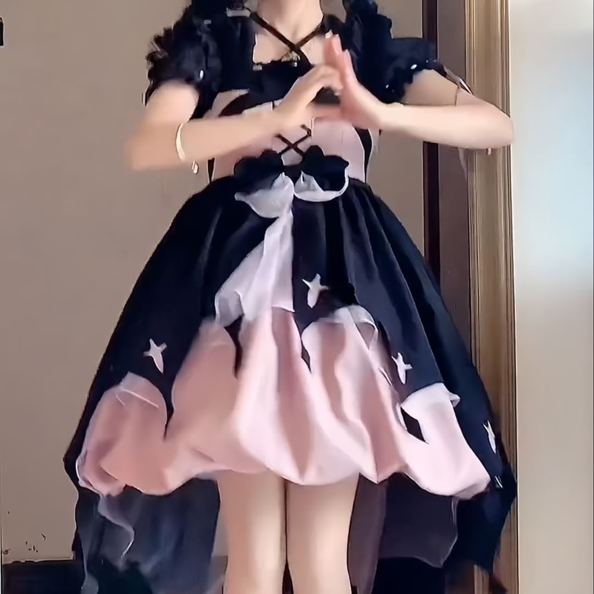 Sleeveless Two Tone Star Print Ruffle Trim Layered High Low A-Line Dress / Long-Sleeve Halter Neck Blouse / Bow / Headband / Set