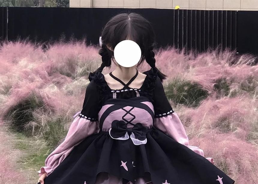 Sleeveless Two Tone Star Print Ruffle Trim Layered High Low A-Line Dress / Long-Sleeve Halter Neck Blouse / Bow / Headband / Set