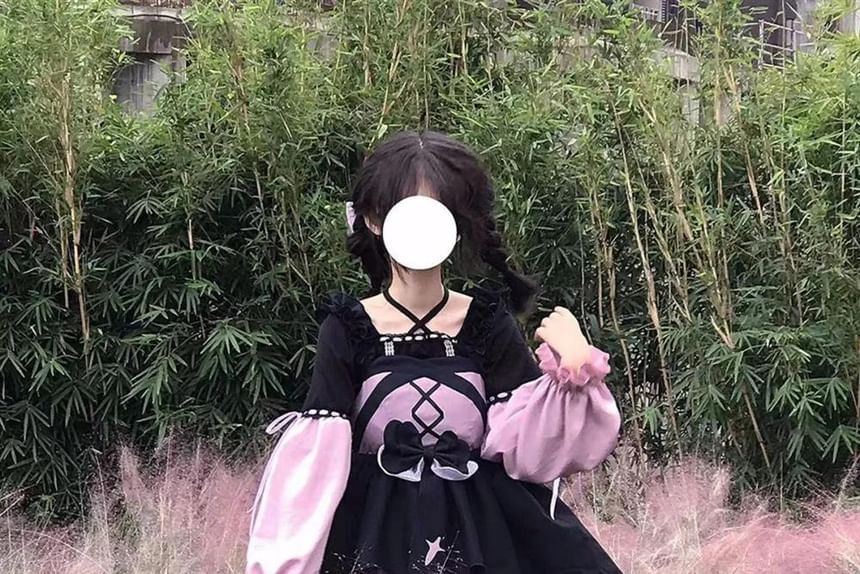 Sleeveless Two Tone Star Print Ruffle Trim Layered High Low A-Line Dress / Long-Sleeve Halter Neck Blouse / Bow / Headband / Set