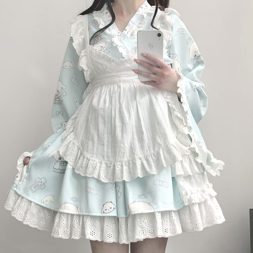 Set: Long-Sleeve V-Neck Cartoon Print Lace Trim Wrap Crop Blouse + High Waist Layered A-Line Skirt + Apron