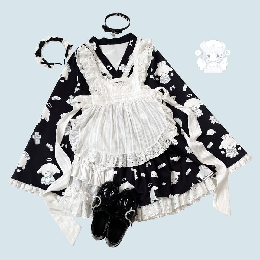Set: Long-Sleeve V-Neck Cartoon Print Lace Trim Wrap Crop Blouse + High Waist Layered A-Line Skirt + Apron