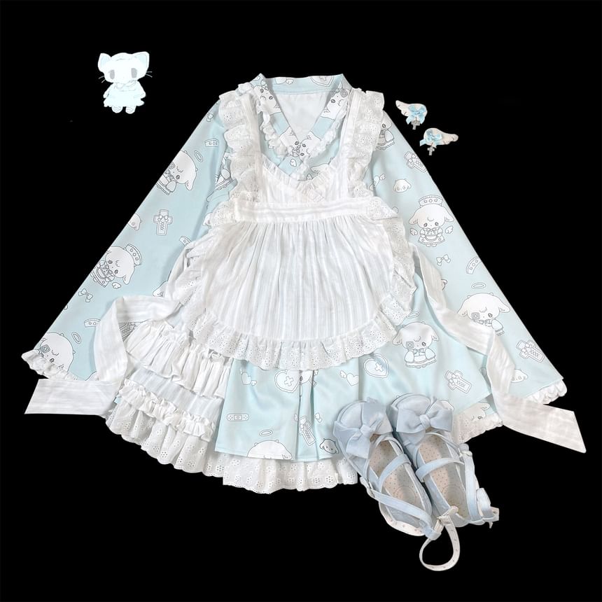 Set: Long-Sleeve V-Neck Cartoon Print Lace Trim Wrap Crop Blouse + High Waist Layered A-Line Skirt + Apron