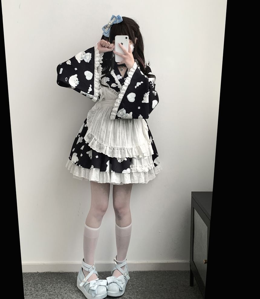 Set: Long-Sleeve V-Neck Cartoon Print Lace Trim Wrap Crop Blouse + High Waist Layered A-Line Skirt + Apron