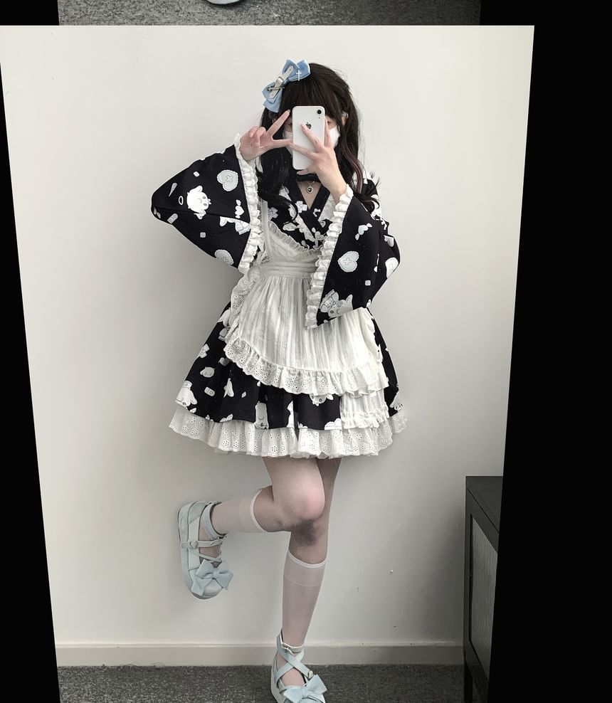 Set: Long-Sleeve V-Neck Cartoon Print Lace Trim Wrap Crop Blouse + High Waist Layered A-Line Skirt + Apron