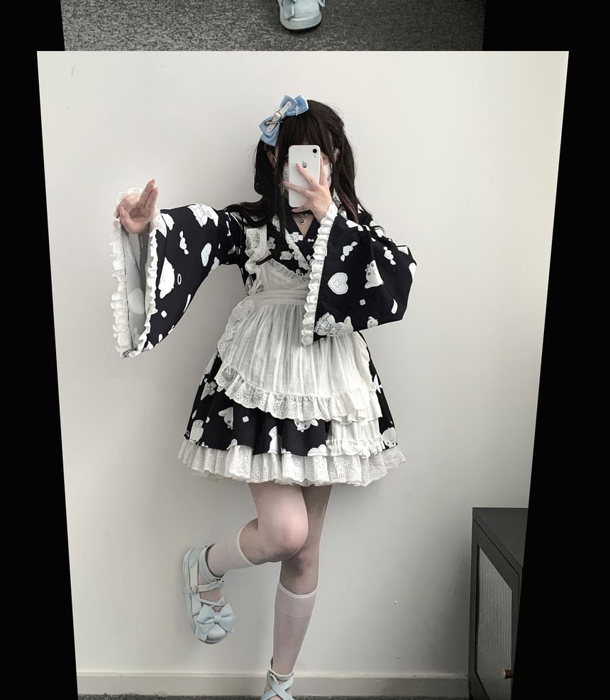 Set: Long-Sleeve V-Neck Cartoon Print Lace Trim Wrap Crop Blouse + High Waist Layered A-Line Skirt + Apron