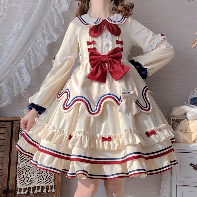 Long-Sleeve Peter Pan Collar Bow Accent Lace Trim A-Line Dress / Half Apron / Set