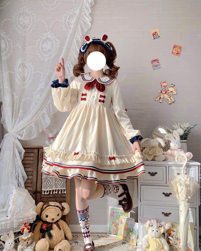 Long-Sleeve Peter Pan Collar Bow Accent Lace Trim A-Line Dress / Half Apron / Set