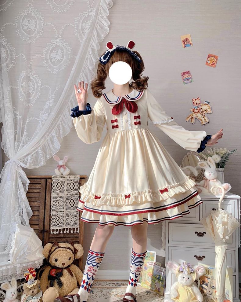 Long-Sleeve Peter Pan Collar Bow Accent Lace Trim A-Line Dress / Half Apron / Set