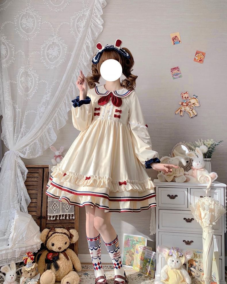 Long-Sleeve Peter Pan Collar Bow Accent Lace Trim A-Line Dress / Half Apron / Set