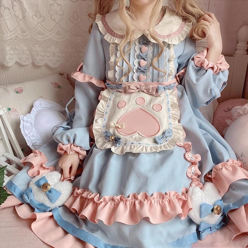 Long-Sleeve Peter Pan Collar Color Block Frill Trim A-Line Dress / Bow / Half Apron / Headband / Set
