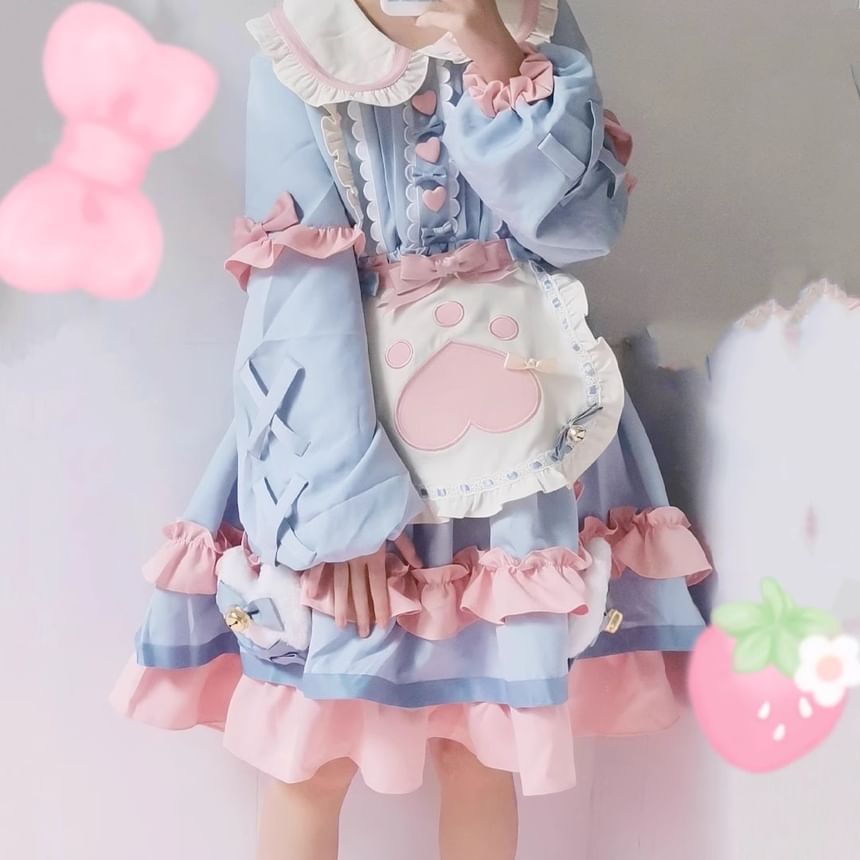 Long-Sleeve Peter Pan Collar Color Block Frill Trim A-Line Dress / Bow / Half Apron / Headband / Set
