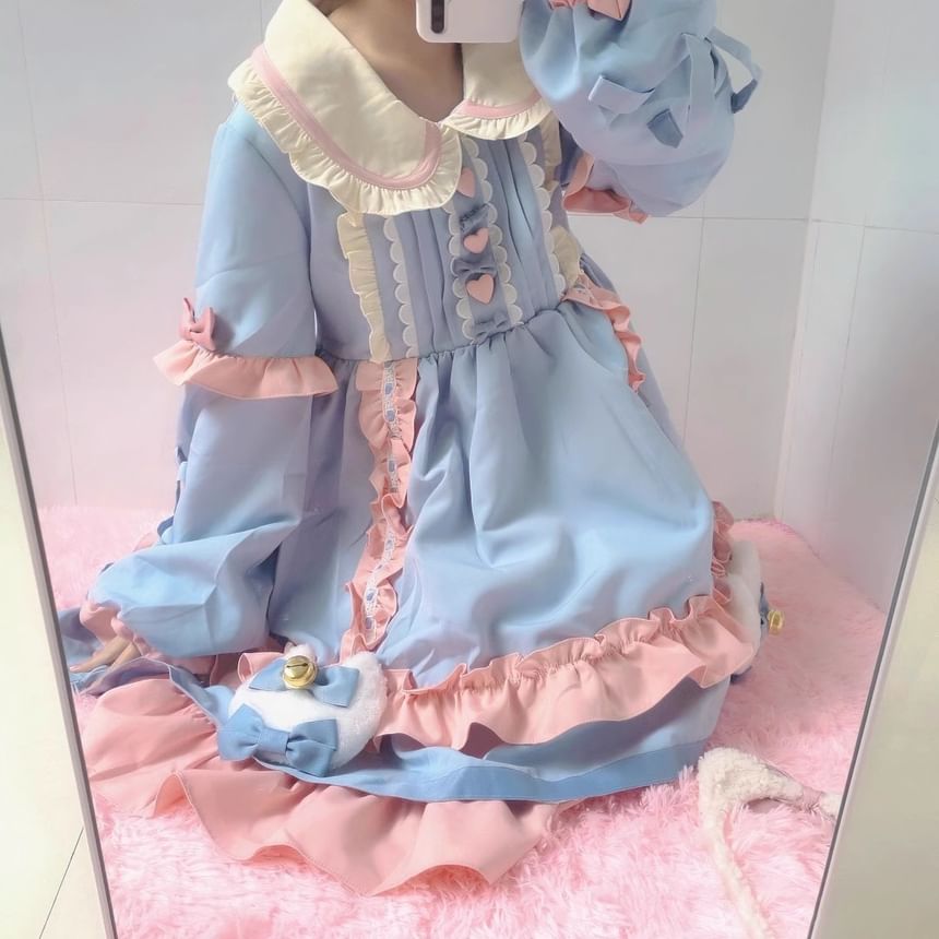 Long-Sleeve Peter Pan Collar Color Block Frill Trim A-Line Dress / Bow / Half Apron / Headband / Set