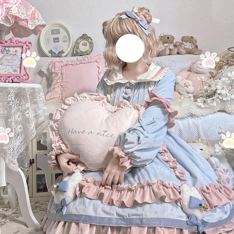 Long-Sleeve Peter Pan Collar Color Block Frill Trim A-Line Dress / Bow / Half Apron / Headband / Set