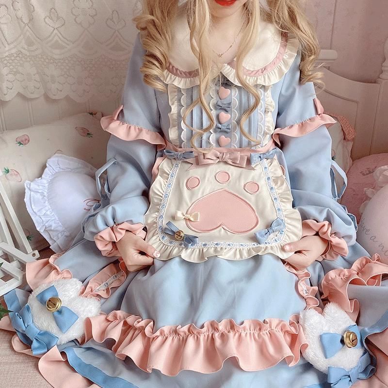 Long-Sleeve Peter Pan Collar Color Block Frill Trim A-Line Dress / Bow / Half Apron / Headband / Set