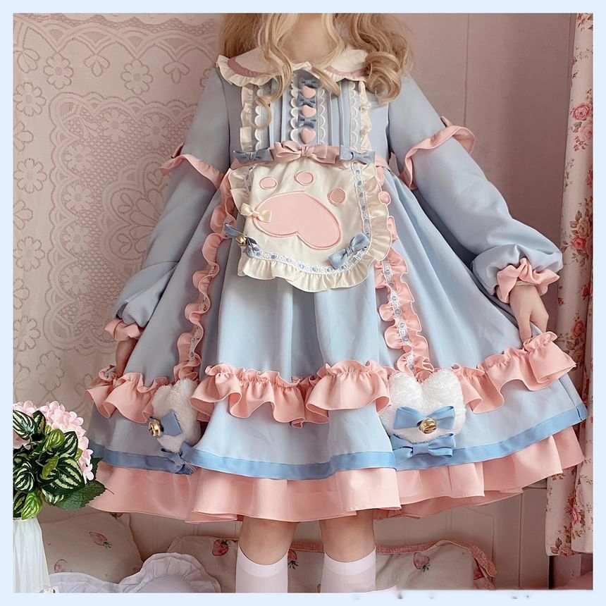 Long-Sleeve Peter Pan Collar Color Block Frill Trim A-Line Dress / Bow / Half Apron / Headband / Set
