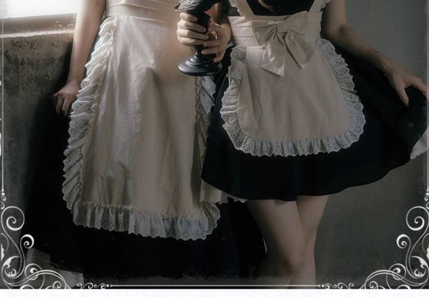 Short-Sleeve Peter Pan Collar Mock Two-Piece Two Tone Lace Trim Mini A-Line Dress / Bow / Arm Sleeves / Set