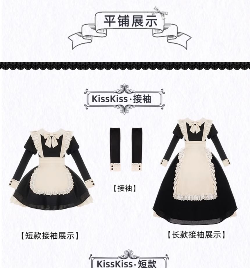 Short-Sleeve Peter Pan Collar Mock Two-Piece Two Tone Lace Trim Mini A-Line Dress / Bow / Arm Sleeves / Set